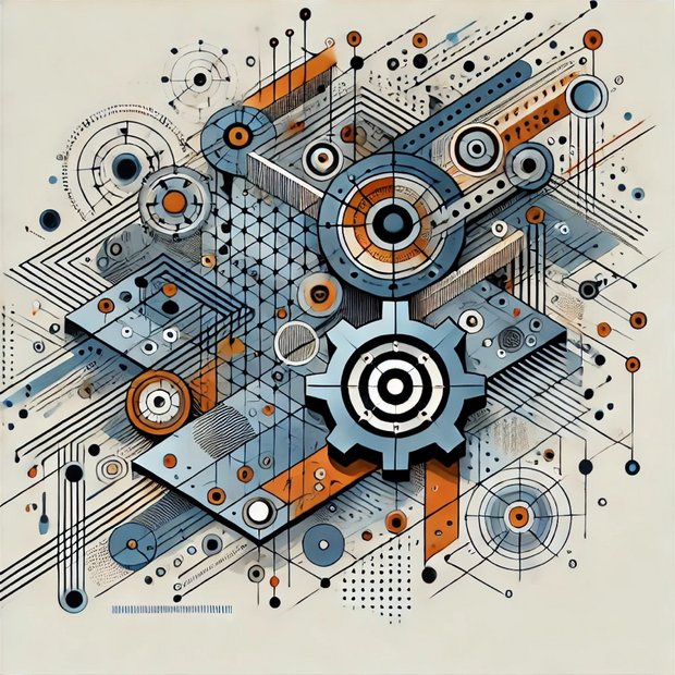 System Integration and Process Optimization Complex graphic representation of gears, connections, and geometric elements symbolizing system integration and process optimization.