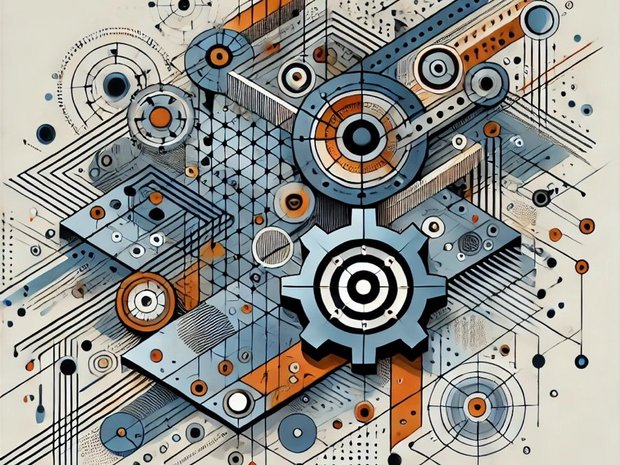 Systemintegration und Prozessoptimierung Komplexe grafische Darstellung von Zahnrädern, Verbindungen und geometrischen Elementen, die die Integration von technischen Systemen und die Optimierung von Prozessen symbolisiert.
