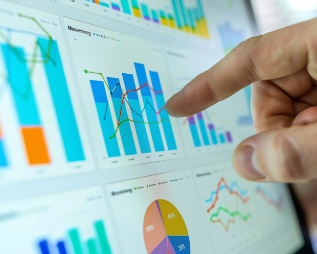 Finger zeigt auf interaktive Diagramme mit Balken- und Liniendiagrammen zur Geschäftsanalyse und Datenvisualisierung