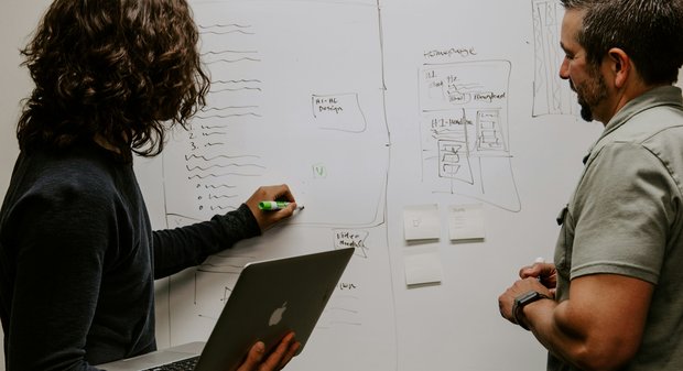 Teamwork vor Whiteboard mit Skizzen und Notizen