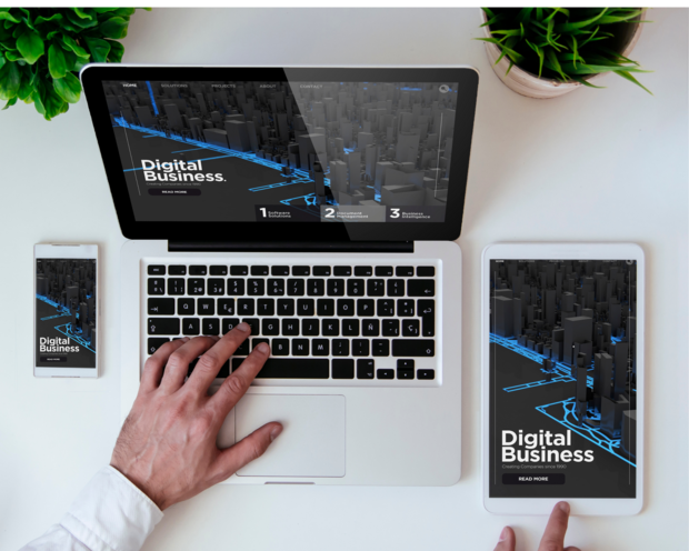 Digital Business Website auf Laptop, Tablet und Smartphone als Beispiel für responsives Webdesign und digitale Unternehmenslösungen
