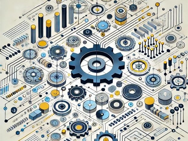 Abstrakte Illustration von Zahnrädern und Verbindungen zur Darstellung von Prozesssteuerung, Systemintegration und technischer Implementierung.