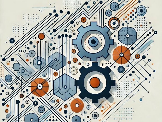 Grafische Darstellung von technischen Zahnrädern und Verbindungselementen, die die Automatisierung und Optimierung von Prozessen symbolisieren.
