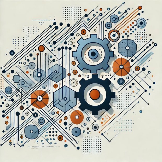 Technical Processes and Process Automation Graphic illustration of technical gears and connection elements representing automation and optimization of processes.