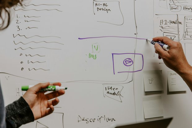 Whiteboard mit Wireframes, Markierungen und Planungsnotizen